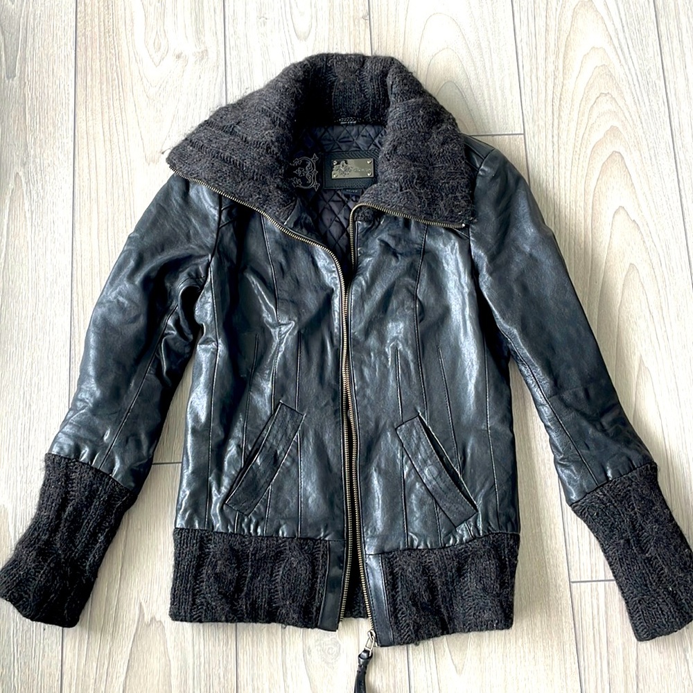 Mackage black leather jacket with knit trim size Xs